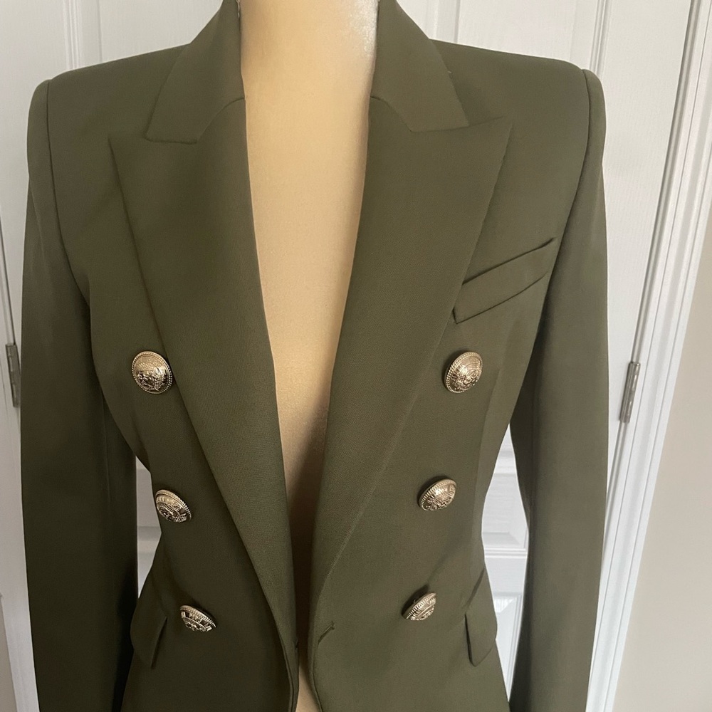 Balmain blazer in military green, size 38. Gently used in excellent condition.